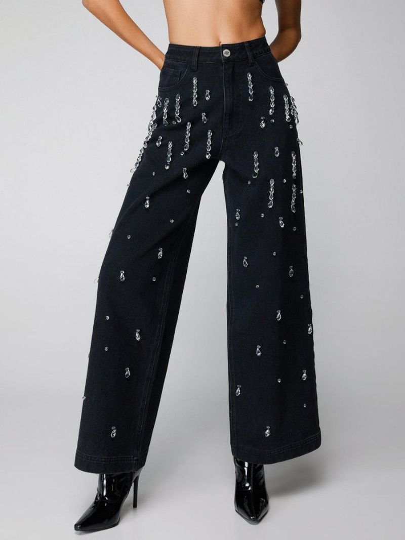 Kvinders Brede Ben Jeans Med Høj Talje Frynser Rhinestones Casual Underdele