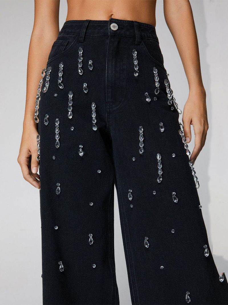 Kvinders Brede Ben Jeans Med Høj Talje Frynser Rhinestones Casual Underdele - Sort