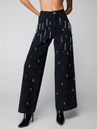 Kvinders Brede Ben Jeans Med Høj Talje Frynser Rhinestones Casual Underdele