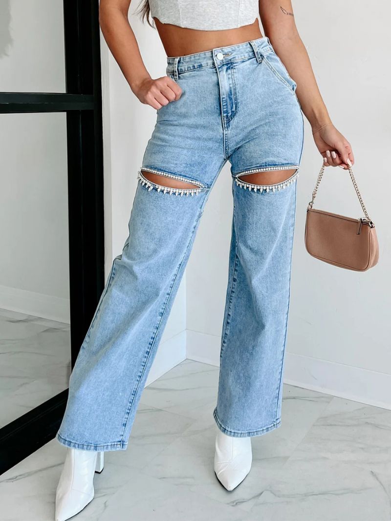 Kvinders Brede Ben Jeans Rhinestones Cutout Højtaljede Casual Denimbukser - Blå