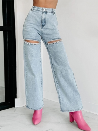 Kvinders Brede Ben Jeans Rhinestones Cutout Højtaljede Casual Denimbukser