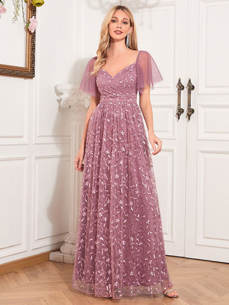 Kvinders Broderi Lace Maxi Kjole Sweetheart Neck Flutter Ærmer Gallakjoler