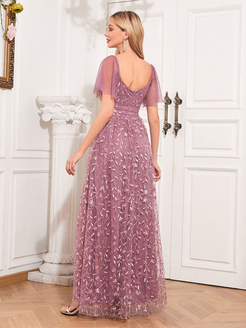 Kvinders Broderi Lace Maxi Kjole Sweetheart Neck Flutter Ærmer Gallakjoler - Lotus Pink