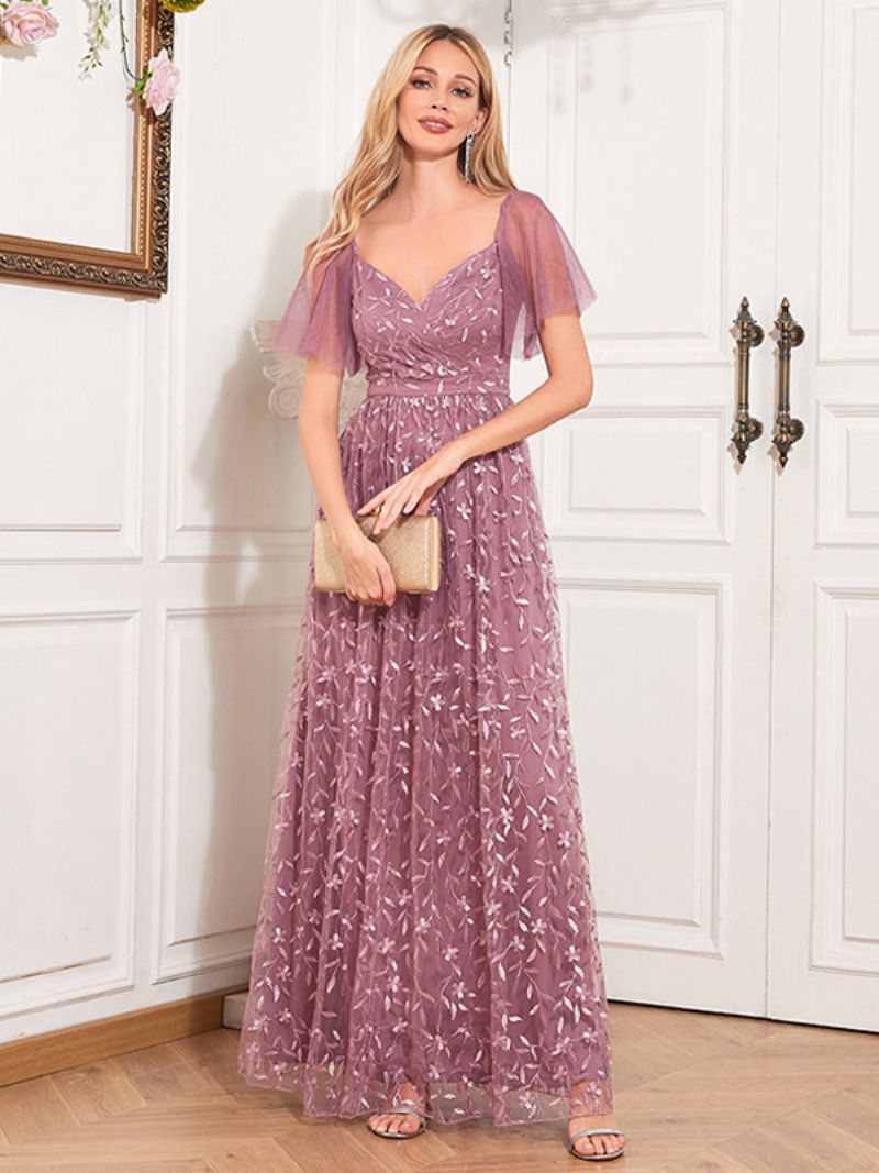 Kvinders Broderi Lace Maxi Kjole Sweetheart Neck Flutter Ærmer Gallakjoler - Lotus Pink