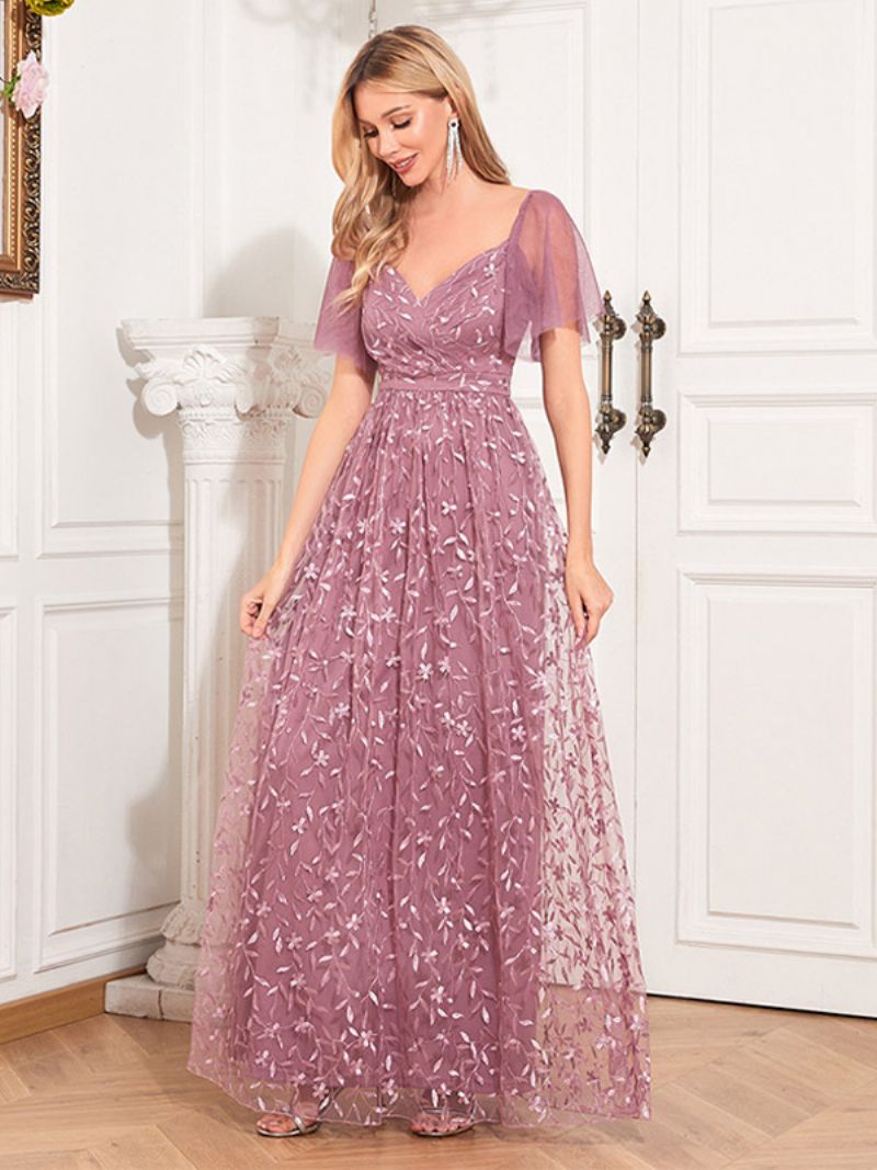 Kvinders Broderi Lace Maxi Kjole Sweetheart Neck Flutter Ærmer Gallakjoler - Lotus Pink