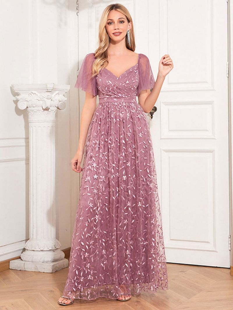 Kvinders Broderi Lace Maxi Kjole Sweetheart Neck Flutter Ærmer Gallakjoler - Lotus Pink