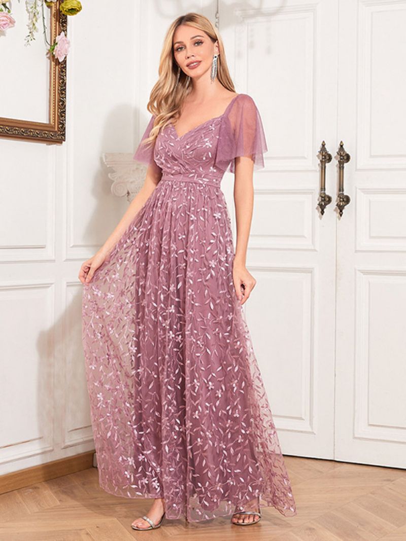 Kvinders Broderi Lace Maxi Kjole Sweetheart Neck Flutter Ærmer Gallakjoler - Lotus Pink