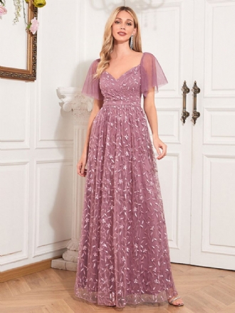 Kvinders Broderi Lace Maxi Kjole Sweetheart Neck Flutter Ærmer Gallakjoler