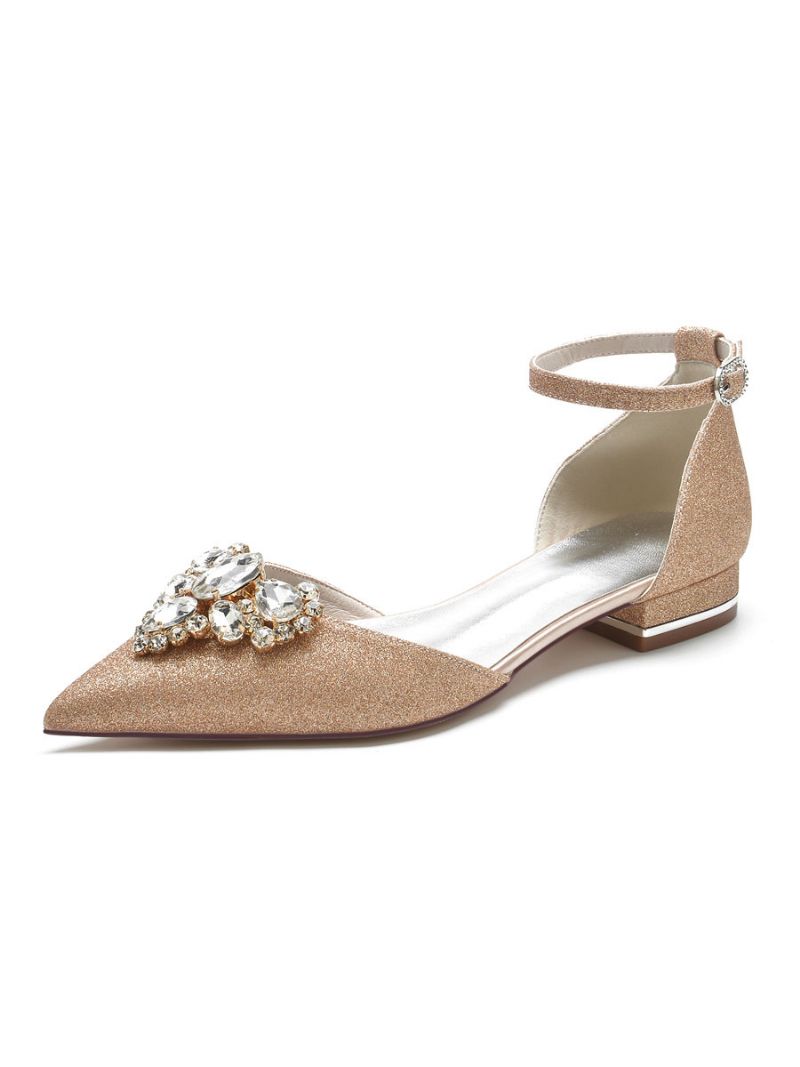 Kvinders Brudesko Rhinestones Ankelrem Flats - Champagne