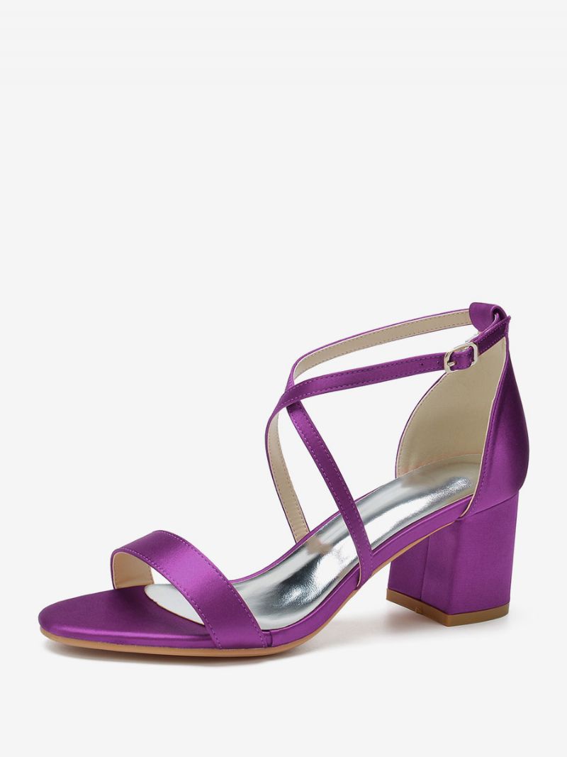 Kvinders Brudesko Satin Grape Åben Tå Chunky Heel Criss Cross - Drue