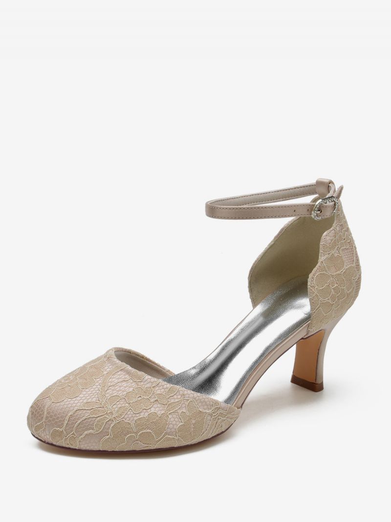 Kvinders Brudesko Satin Hvid Rund Tå Rhinestones Chunky Heel - Champagne