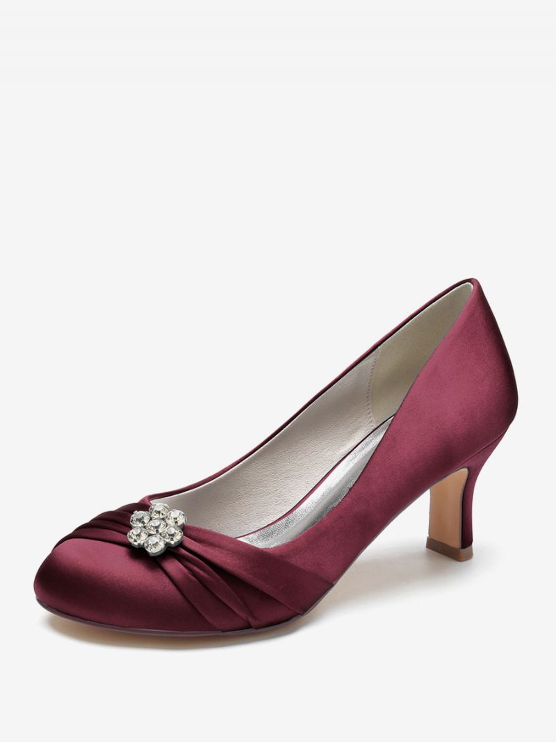 Kvinders Brudesko Satin Rund Tå Rhinestones Chunky Heel - Burgogne