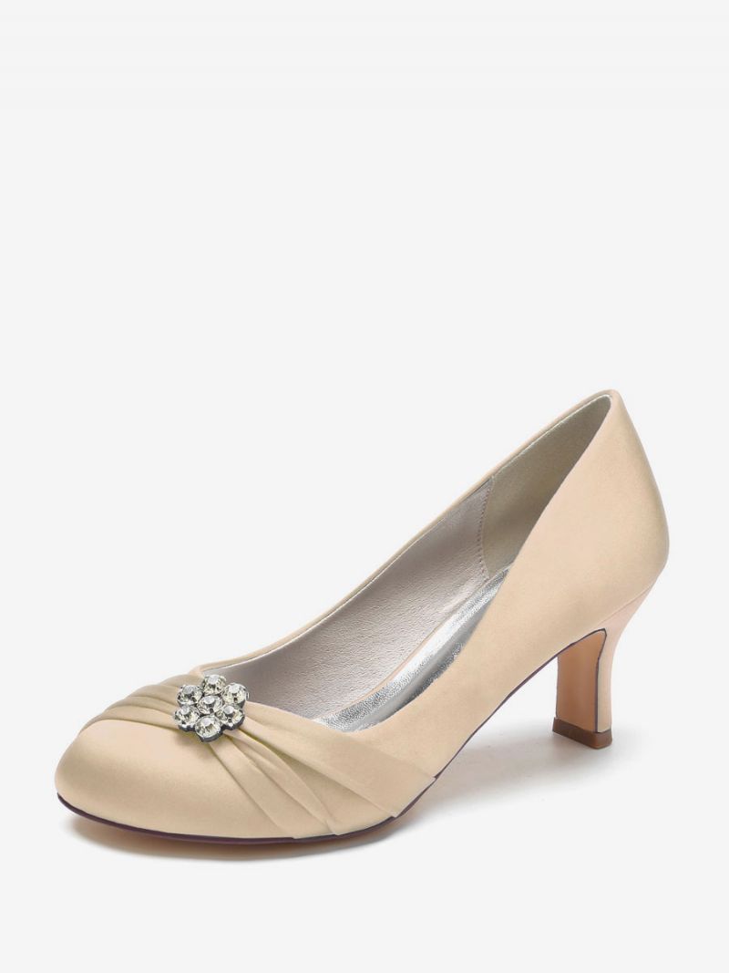 Kvinders Brudesko Satin Rund Tå Rhinestones Chunky Heel - Champagne