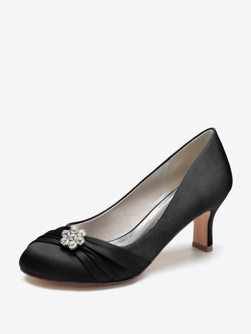 Kvinders Brudesko Satin Rund Tå Rhinestones Chunky Heel - Sort