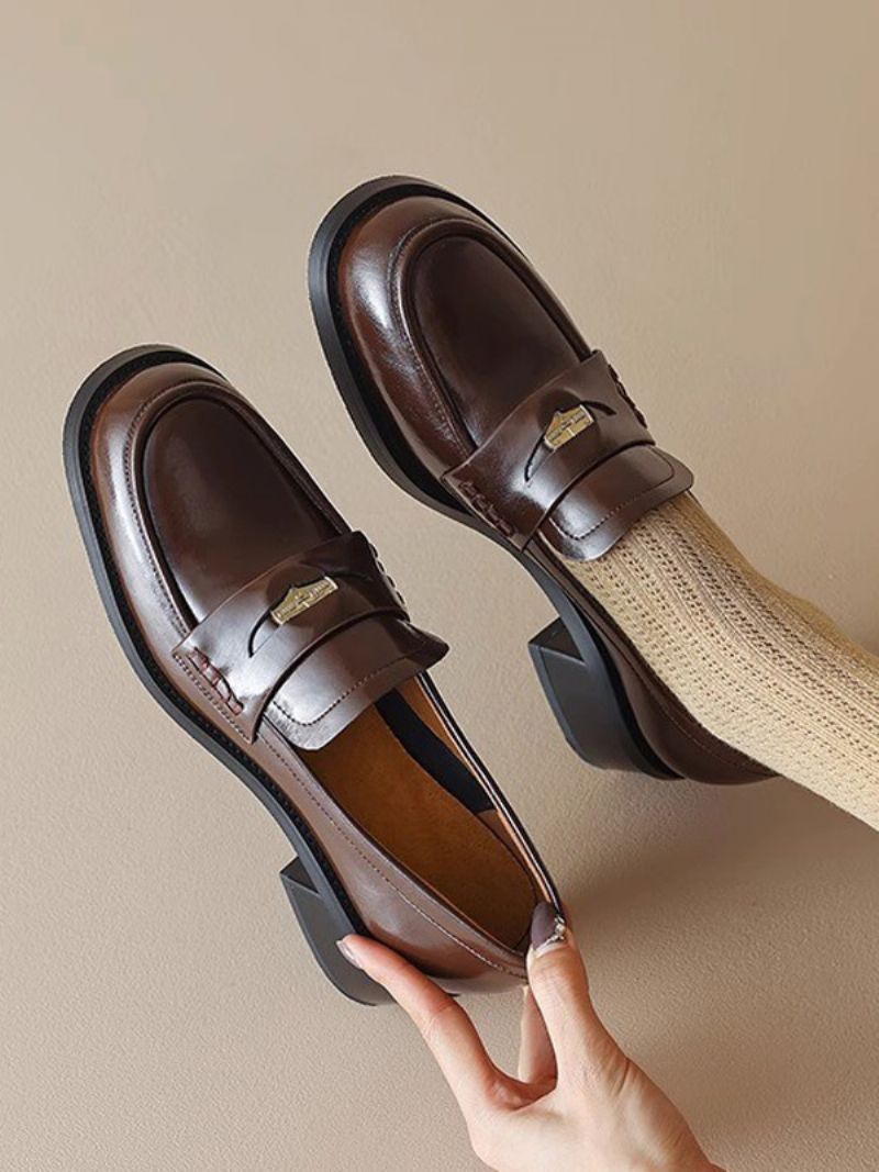 Kvinders Brune Loafers Rund Toe Slip On Penny