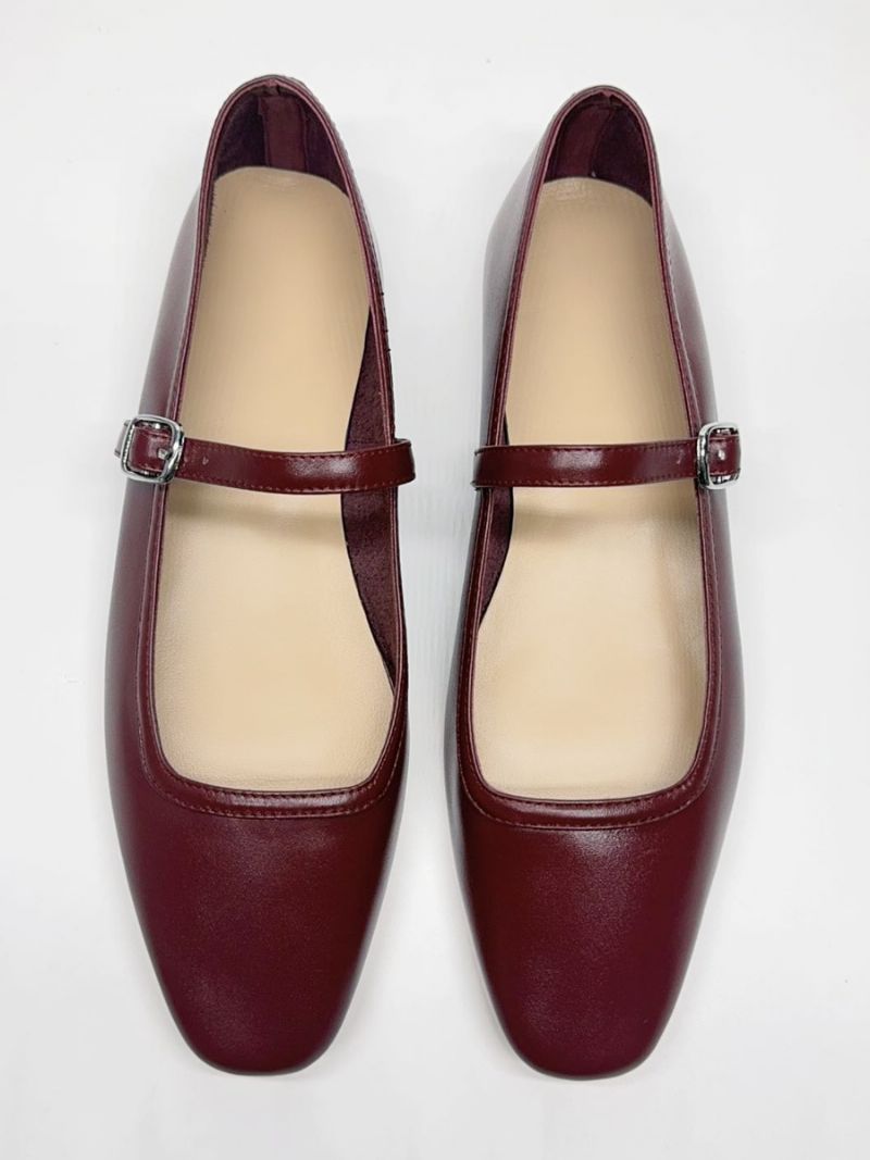 Kvinders Burgundy Ballet Flats Firkantet Toe Spænde Detail Vintage Ballerina - Burgogne