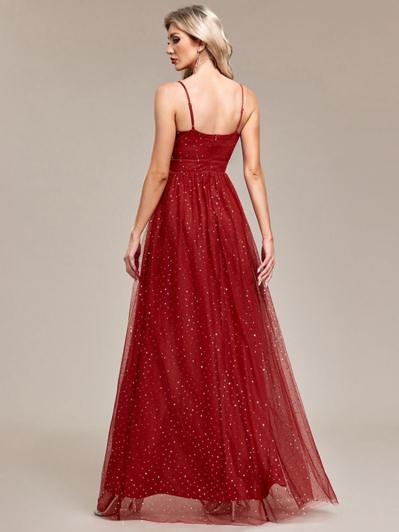 Kvinders Burgundy V-hals Kjole Pailletter Ærmeløse Layered Prom Maxi Kjoler - Bourgogne