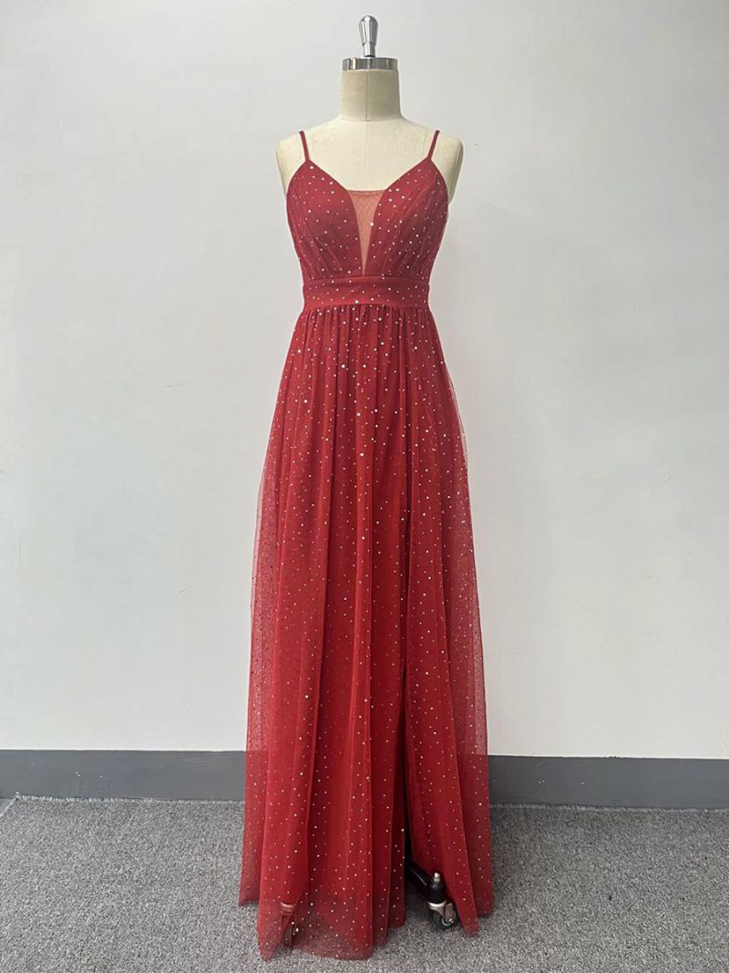 Kvinders Burgundy V-hals Kjole Pailletter Ærmeløse Layered Prom Maxi Kjoler - Bourgogne