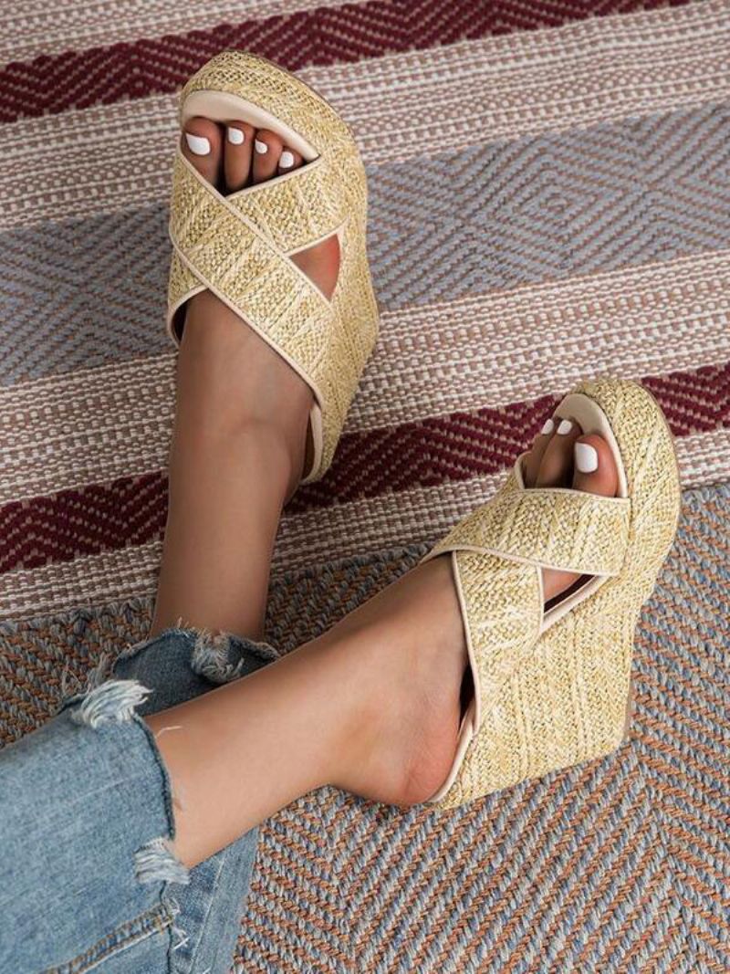 Kvinders Cane Wedge Sandaler Platform Open Toe Criss Cross Sandal Slides - Lysegul