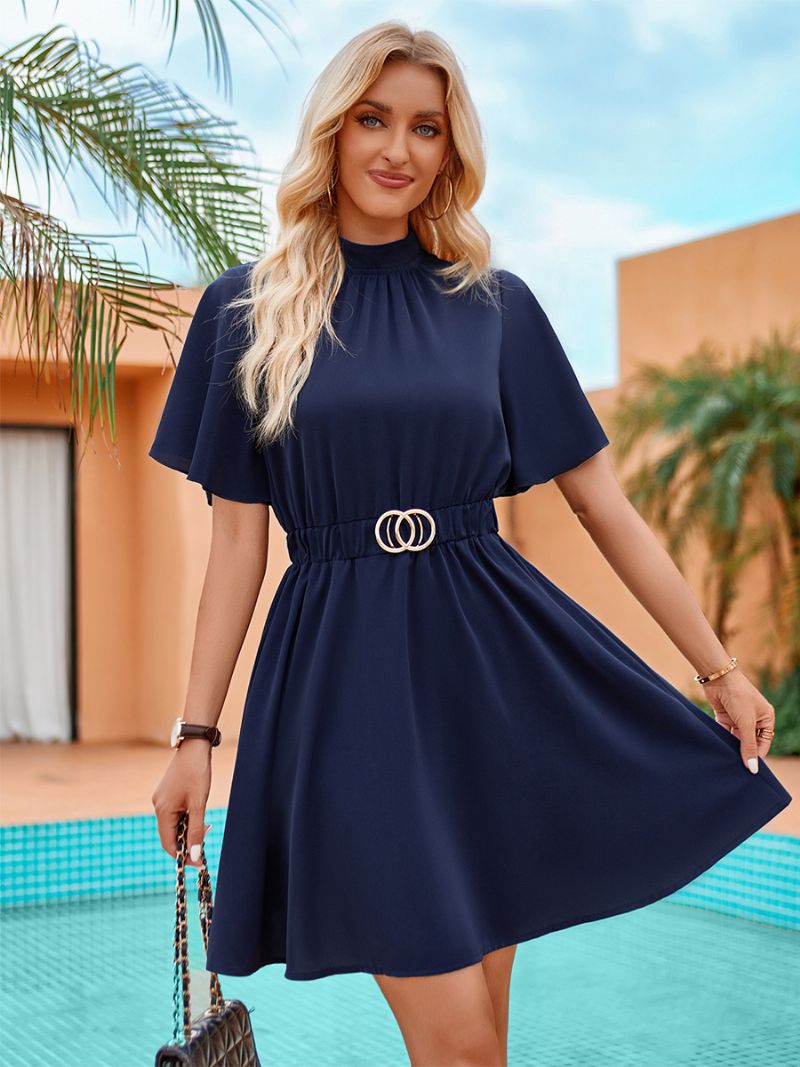 Kvinders Casual Sundress Ringdetaljer Med Høj Krave Korte Sommerkjoler - Mørk Navy