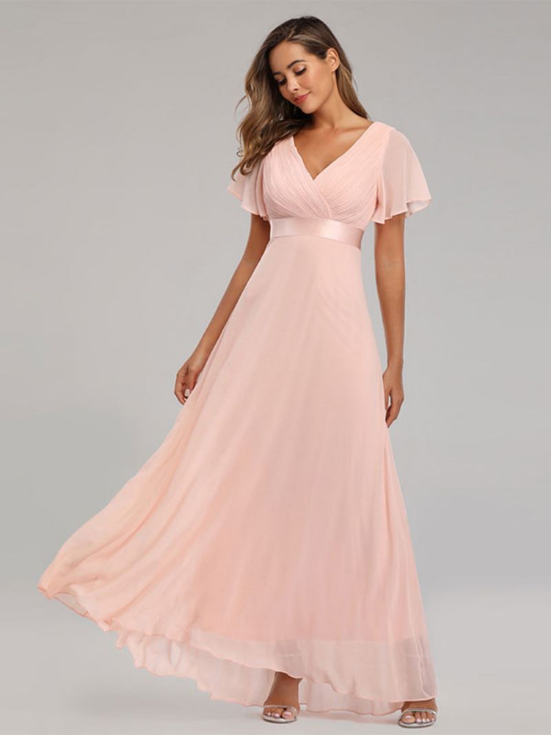 Kvinders Chiffon Gallakjoler V-hals Korte Ærmer Semi Formel Maxi Kjole - Pink