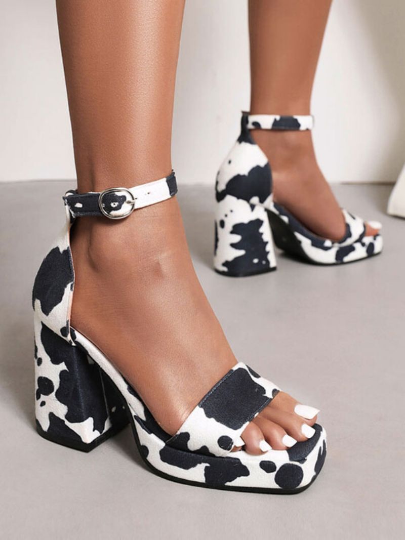 Kvinders Cow Print Platform Blokhæle Sandaler - Sort