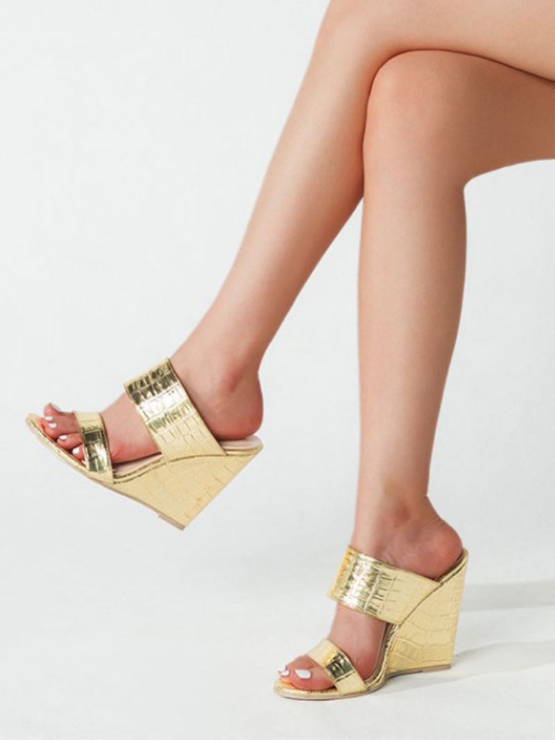 Kvinders Croc Print Mule Wedges - Guld