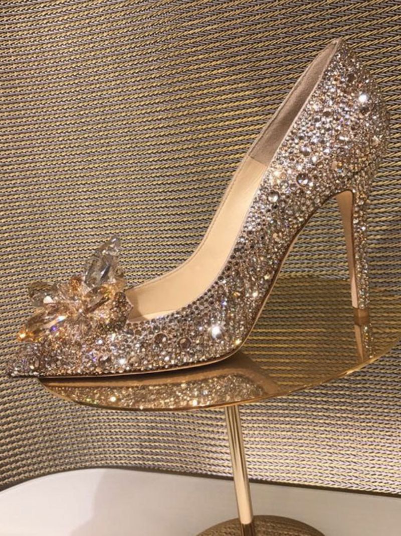 Kvinders Crystal Rhinestones Brude Pumps Aftenhæle - Lys Guld