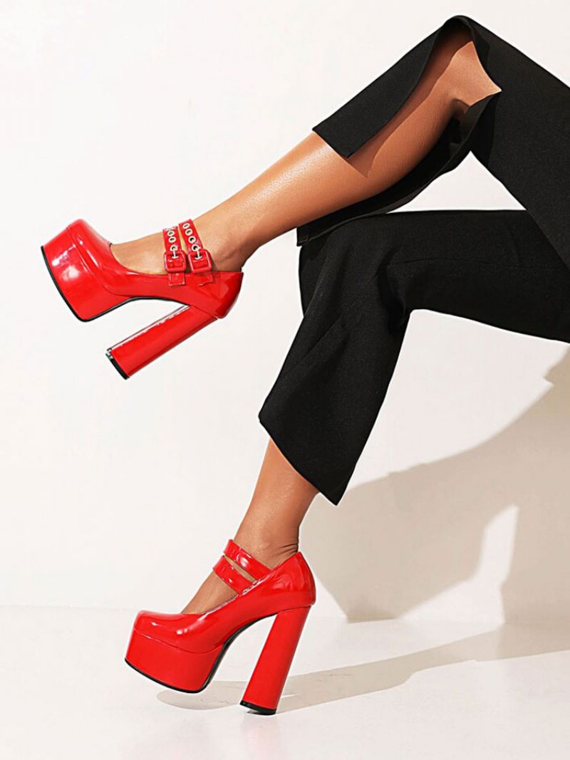 Kvinders Dobbeltspænder Mary Jane Platform Chunky Heel Pumps - Rød