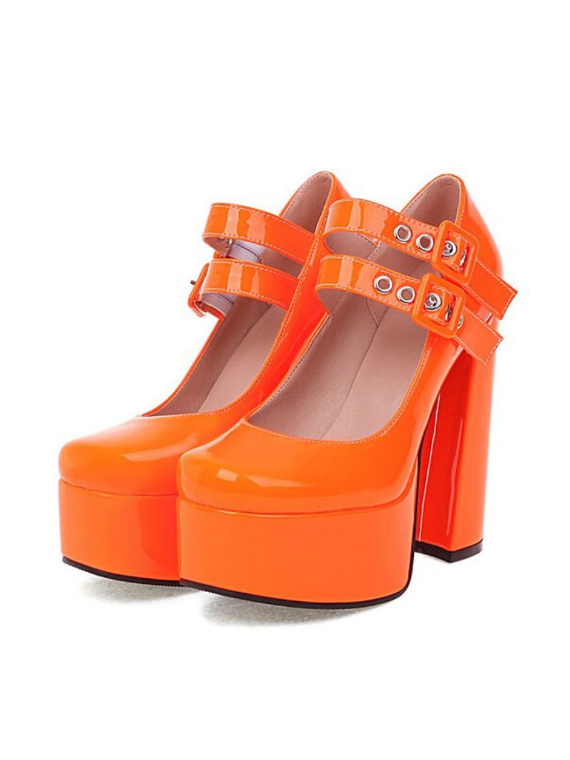 Kvinders Dobbeltspænder Mary Jane Platform Chunky Heel Pumps - Orange Rød