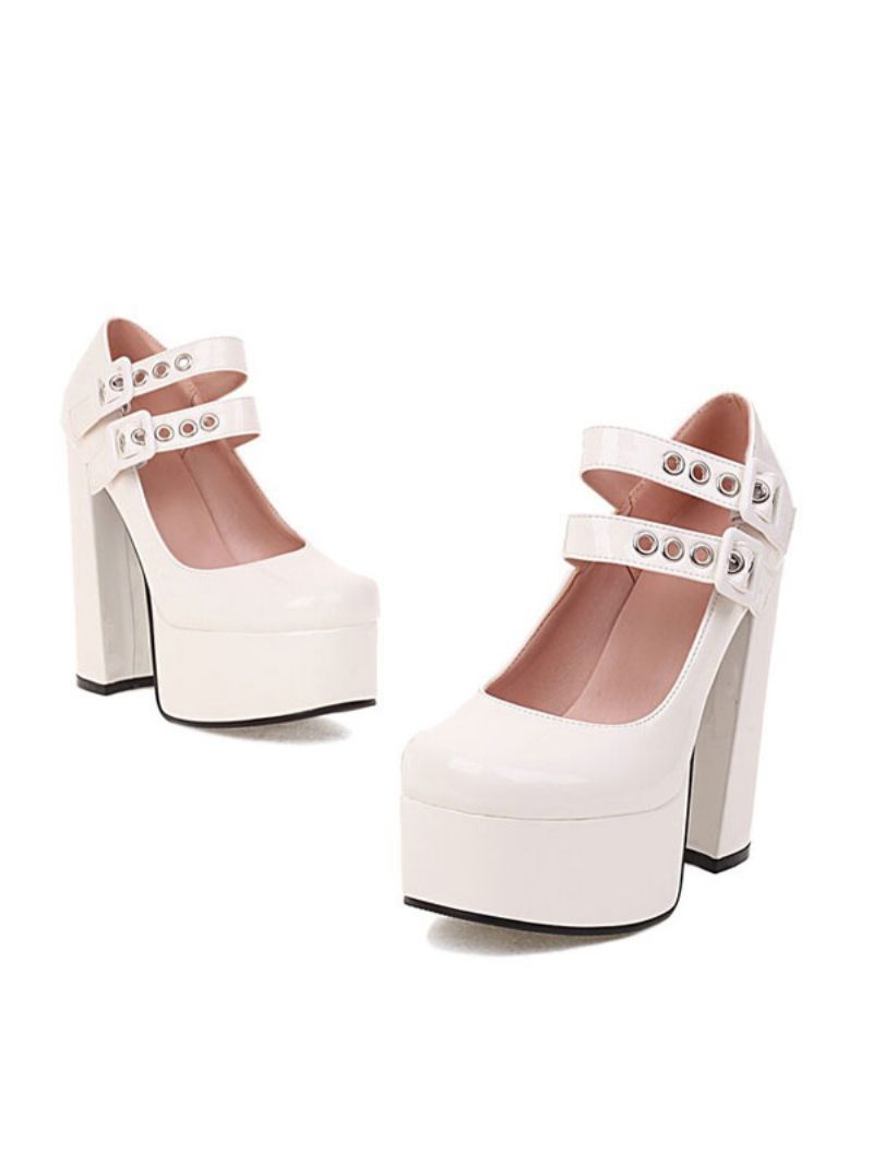 Kvinders Dobbeltspænder Mary Jane Platform Chunky Heel Pumps - Hvid