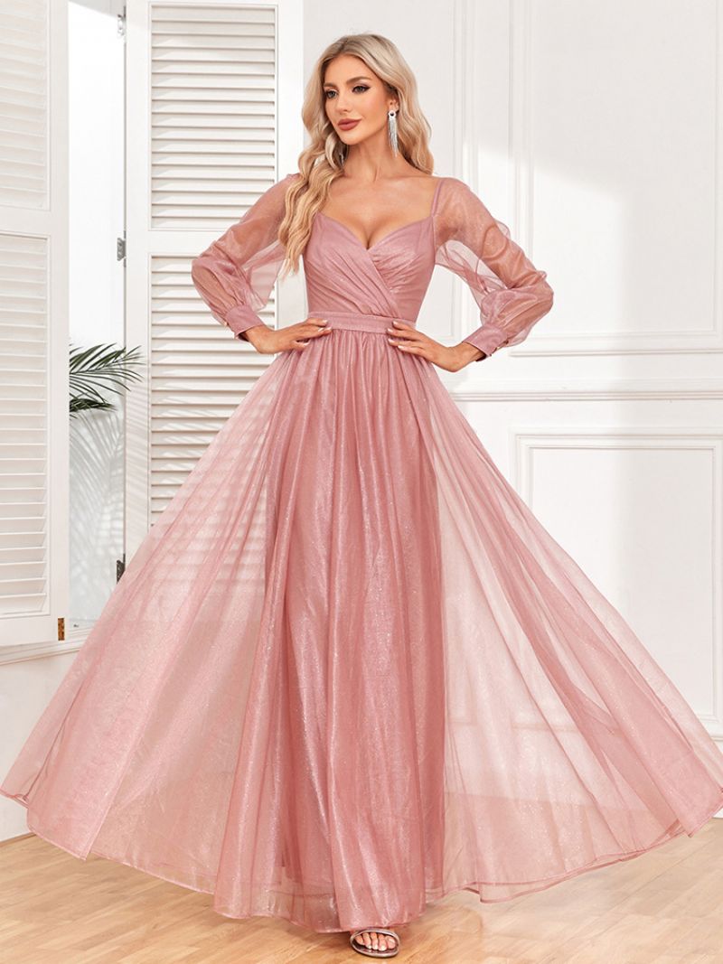 Kvinders Elegante Gallakjole Surplice Neck Illusion Ærmer Pink Maxi Kjoler