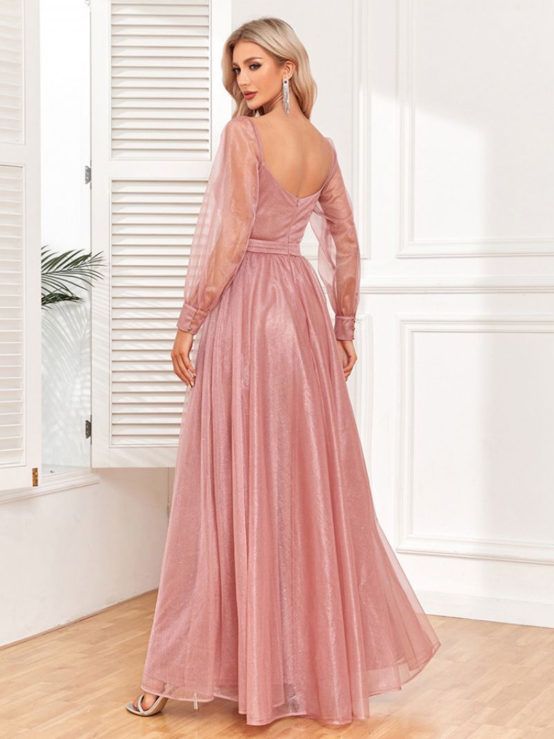 Kvinders Elegante Gallakjole Surplice Neck Illusion Ærmer Pink Maxi Kjoler - Lyserød