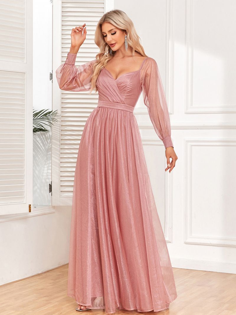 Kvinders Elegante Gallakjole Surplice Neck Illusion Ærmer Pink Maxi Kjoler - Lyserød