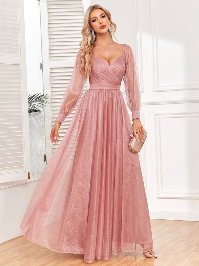 Kvinders Elegante Gallakjole Surplice Neck Illusion Ærmer Pink Maxi Kjoler - Lyserød