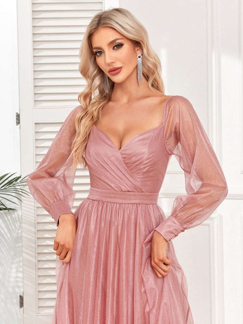 Kvinders Elegante Gallakjole Surplice Neck Illusion Ærmer Pink Maxi Kjoler - Lyserød