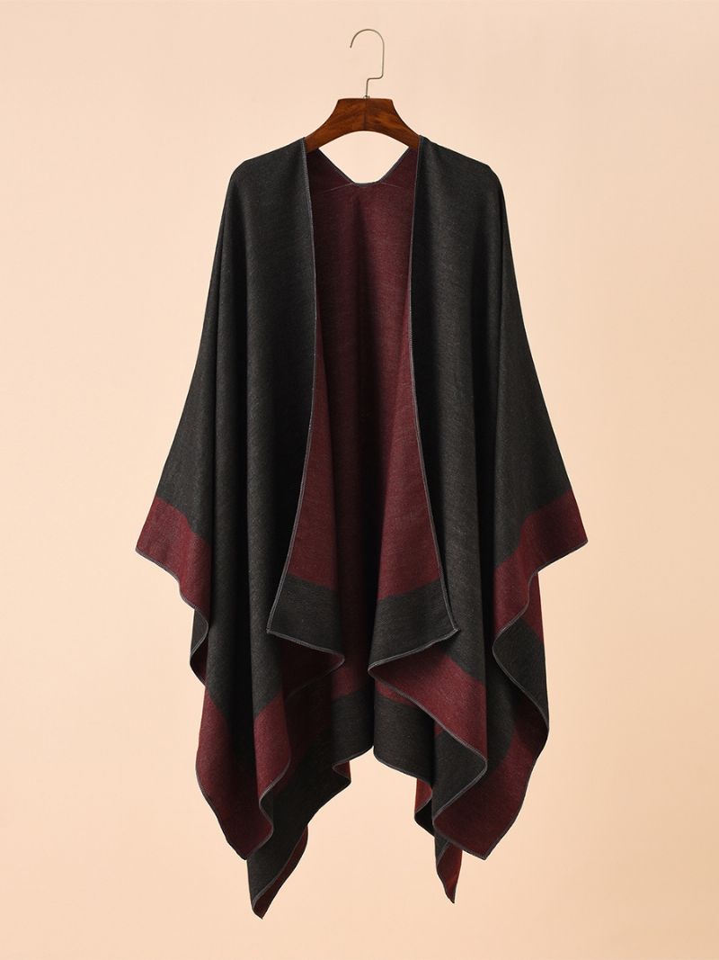 Kvinders Farveblok Poncho Daily Casual Cape - Burgunder