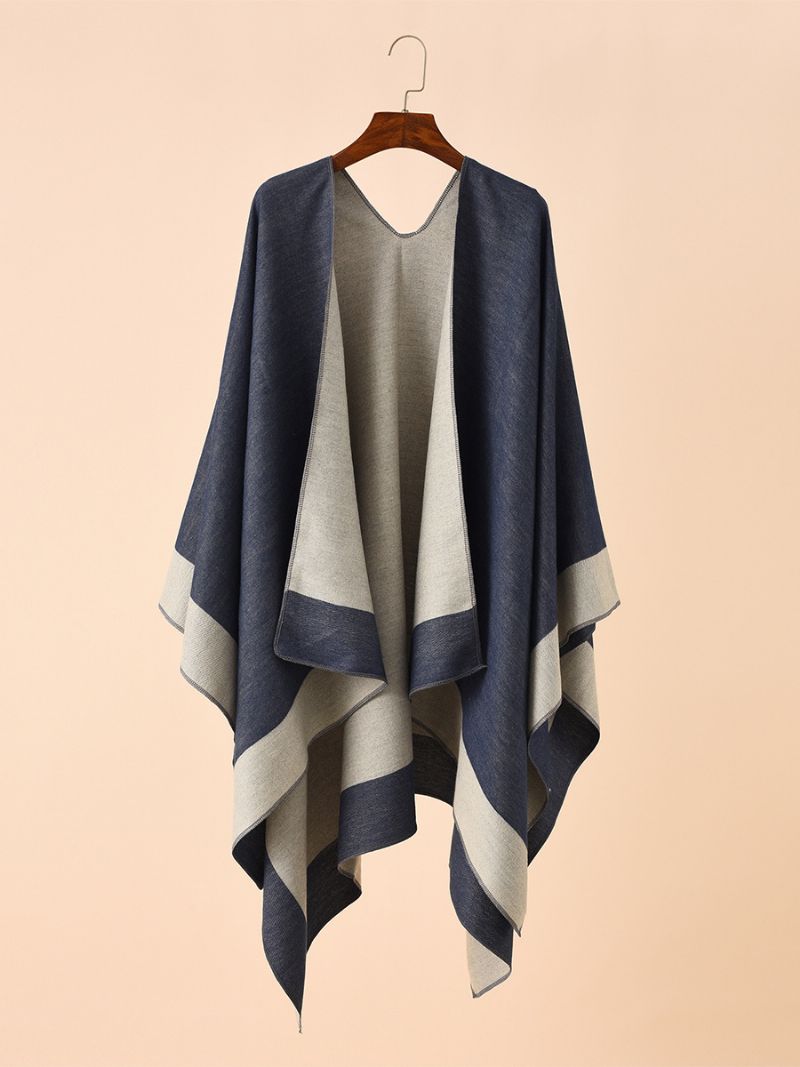 Kvinders Farveblok Poncho Daily Casual Cape - Dybblå