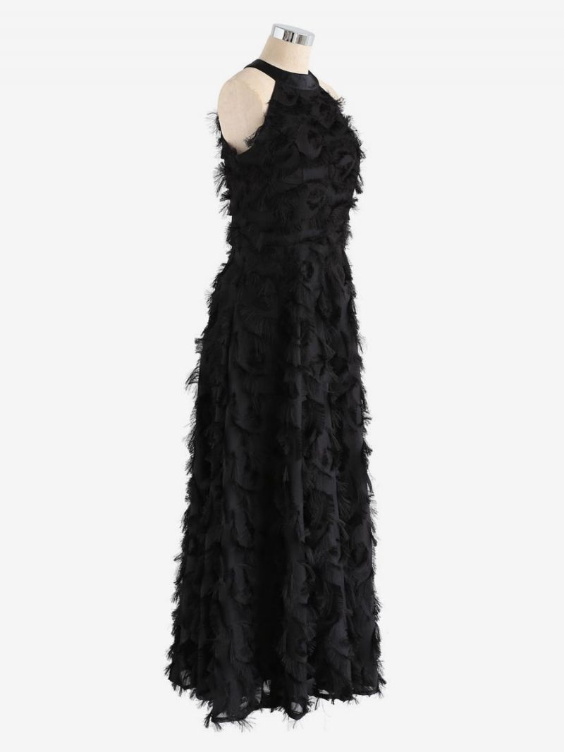 Kvinders Feather Maxi Dress Halter Ærmeløse A-line Elegante Gallakjoler - Sort