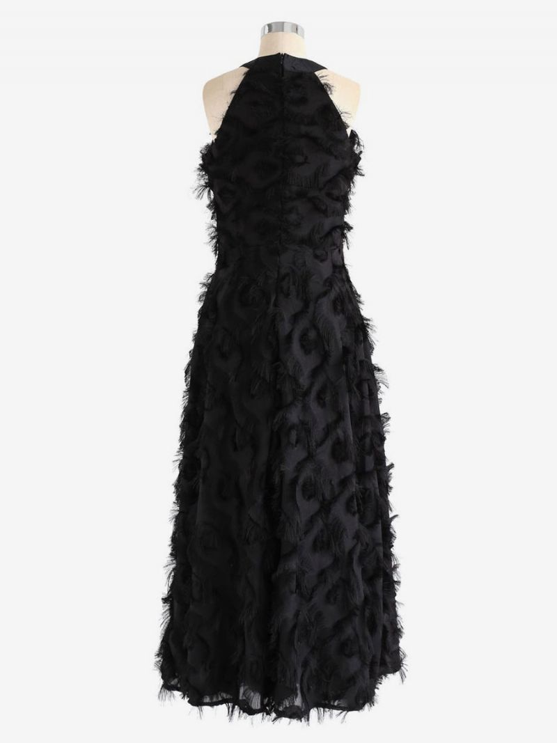 Kvinders Feather Maxi Dress Halter Ærmeløse A-line Elegante Gallakjoler - Sort