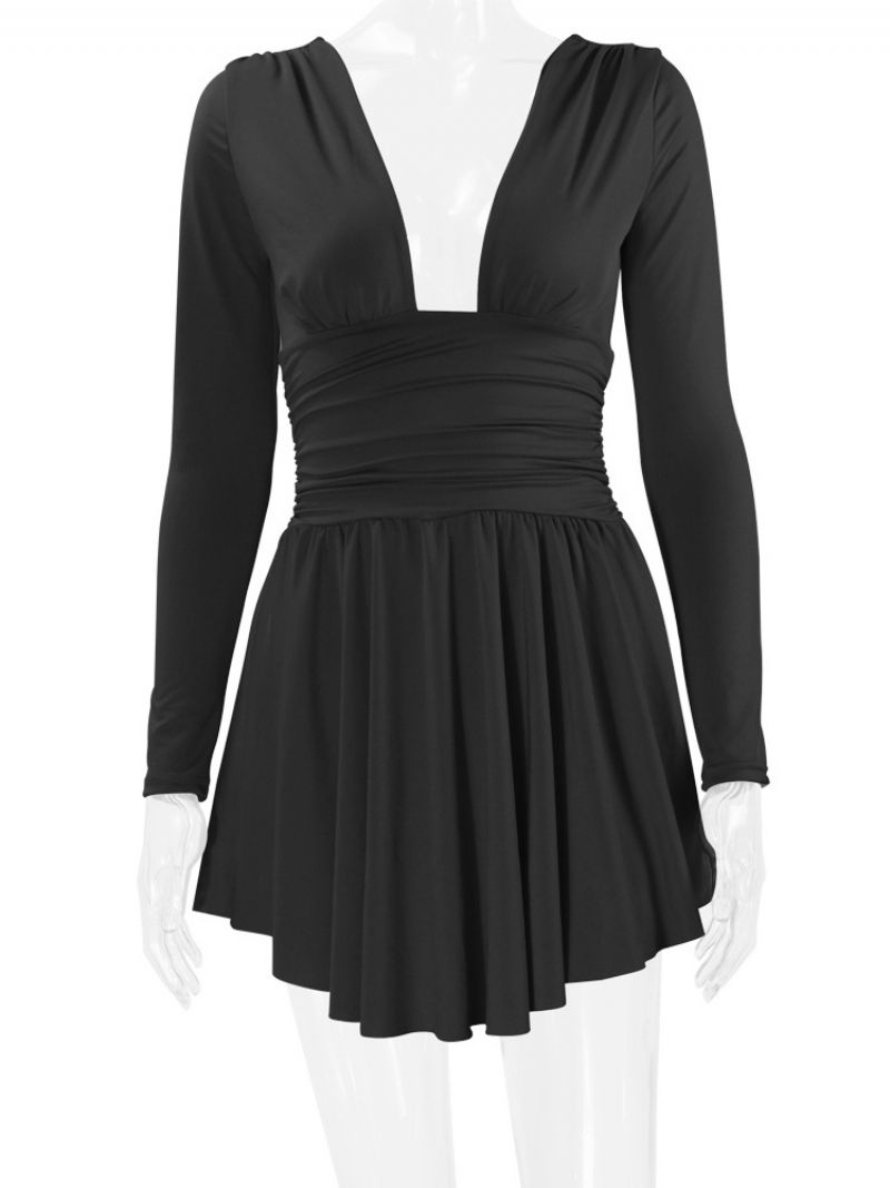 Kvinders Fit And Flare Dress Plunge Langærmede Korte Swing Kjoler I Ensfarvet - Sort