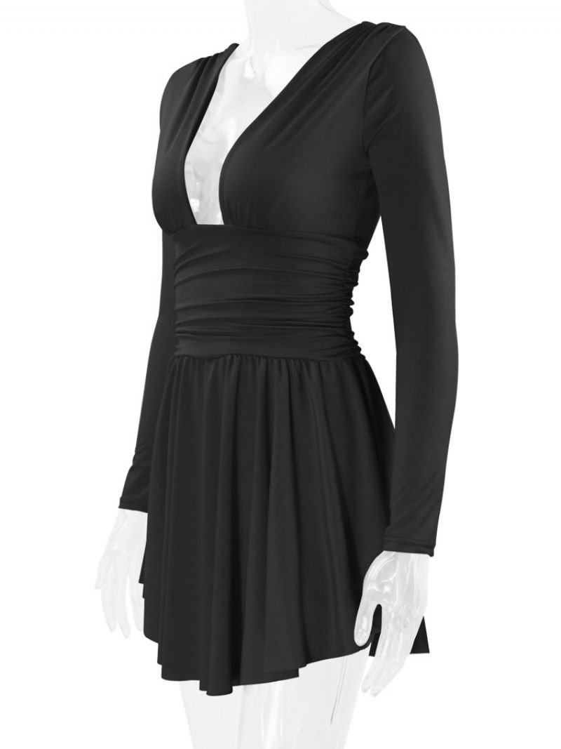 Kvinders Fit And Flare Dress Plunge Langærmede Korte Swing Kjoler I Ensfarvet - Sort