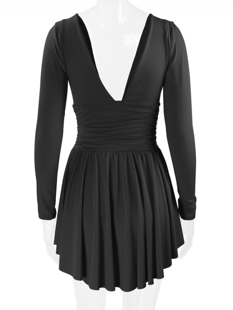 Kvinders Fit And Flare Dress Plunge Langærmede Korte Swing Kjoler I Ensfarvet - Sort