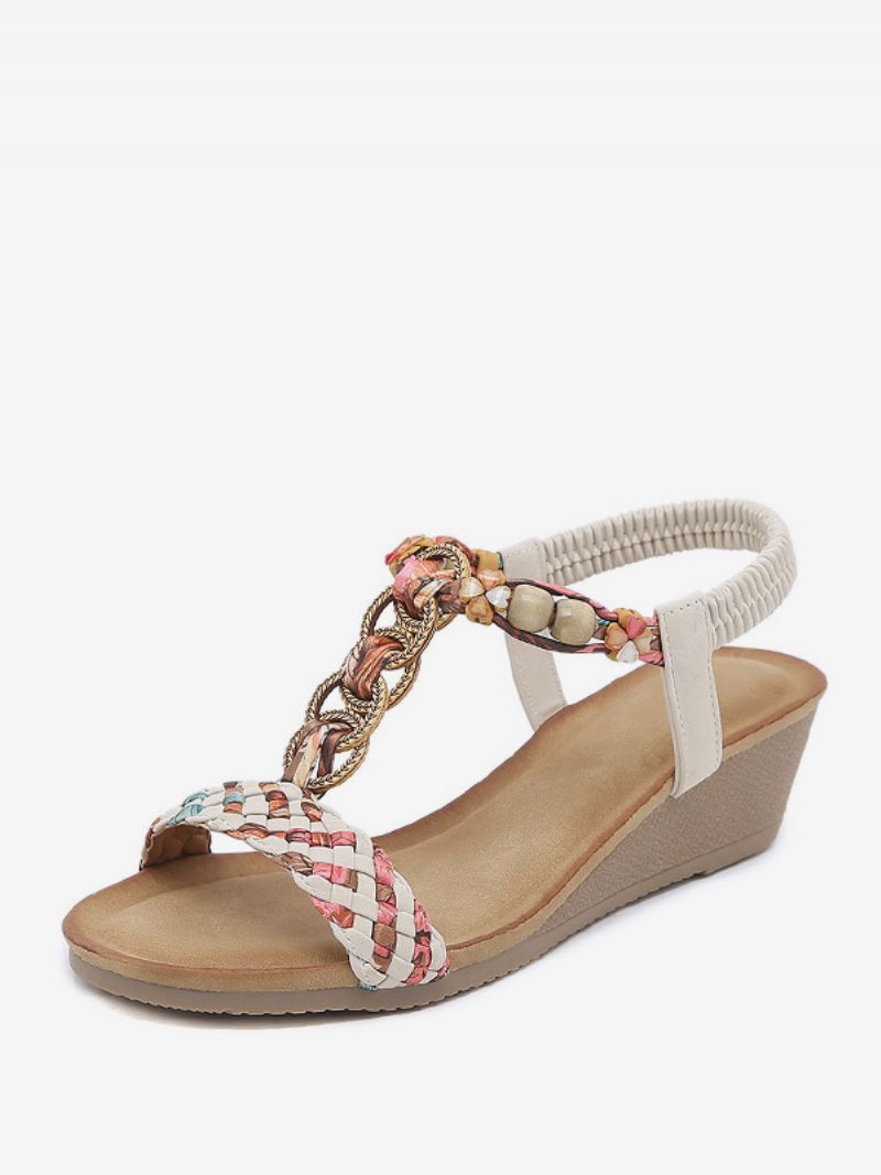 Kvinders Flad Sandal Åben Tå Pu Læder T-rem Vævet Gladiator Sandaler Casual Hjemmesko - Lysegul