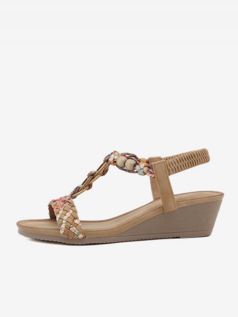 Kvinders Flad Sandal Åben Tå Pu Læder T-rem Vævet Gladiator Sandaler Casual Hjemmesko - Kaffebrun