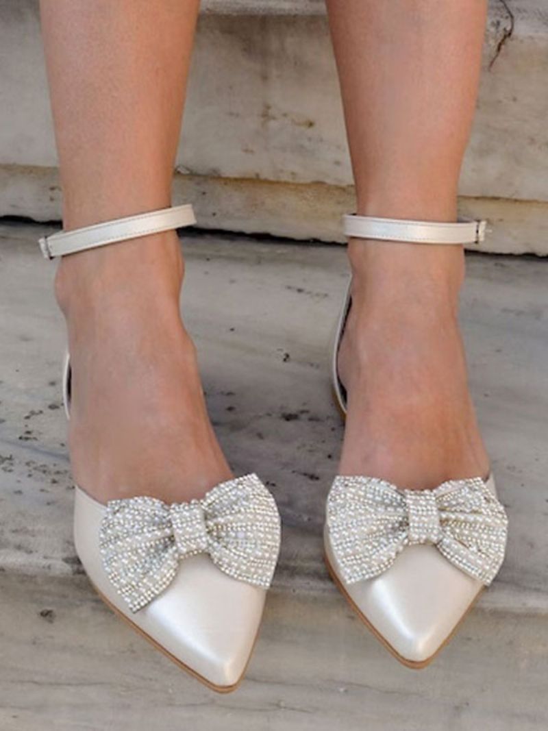 Kvinders Flade Bryllupssko Spidstå Rhinestones Buer Ankelrem Pumps - Beige