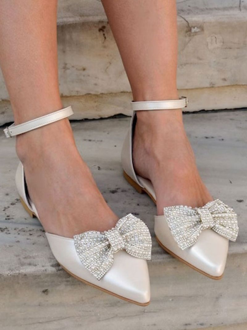 Kvinders Flade Bryllupssko Spidstå Rhinestones Buer Ankelrem Pumps - Beige