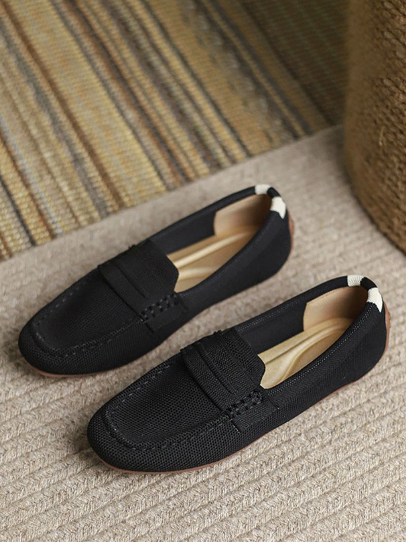 Kvinders Flade Loafers Runde Tå Slip On Casual Sko - Sort