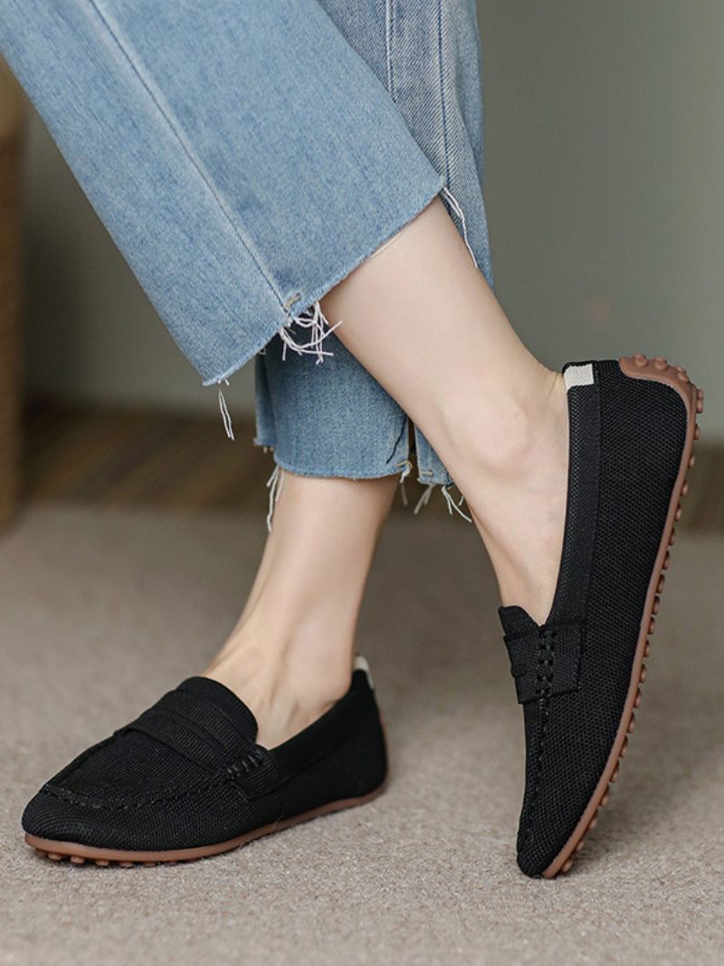 Kvinders Flade Loafers Runde Tå Slip On Casual Sko - Sort