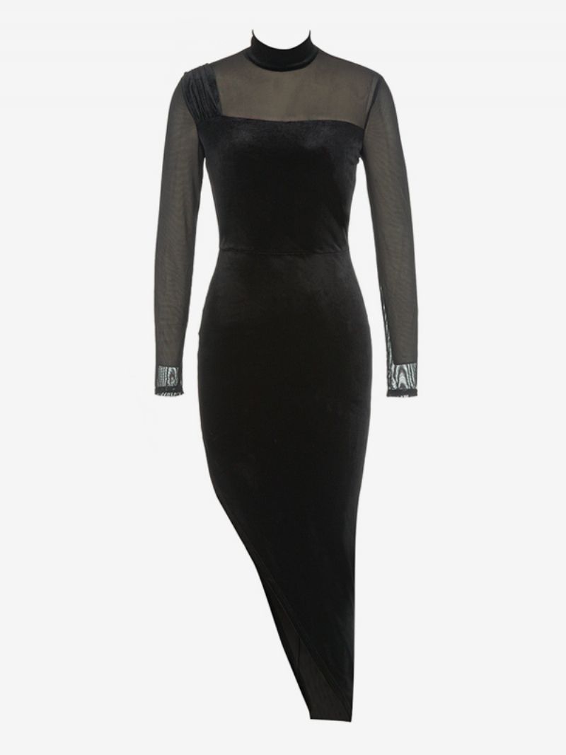 Kvinders Fløjlskjole Asymmetrisk Illusion Halsudskæring Langærmede Bodycon Maxi Kjoler - Sort